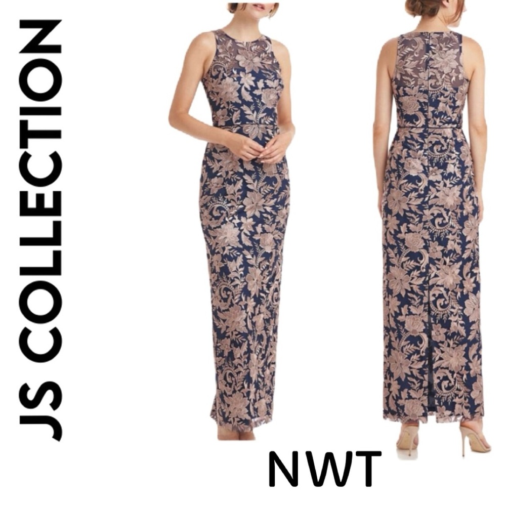 JS Collections NWT Navy and Latte Floral Lace Sleeveless Maxi Gown